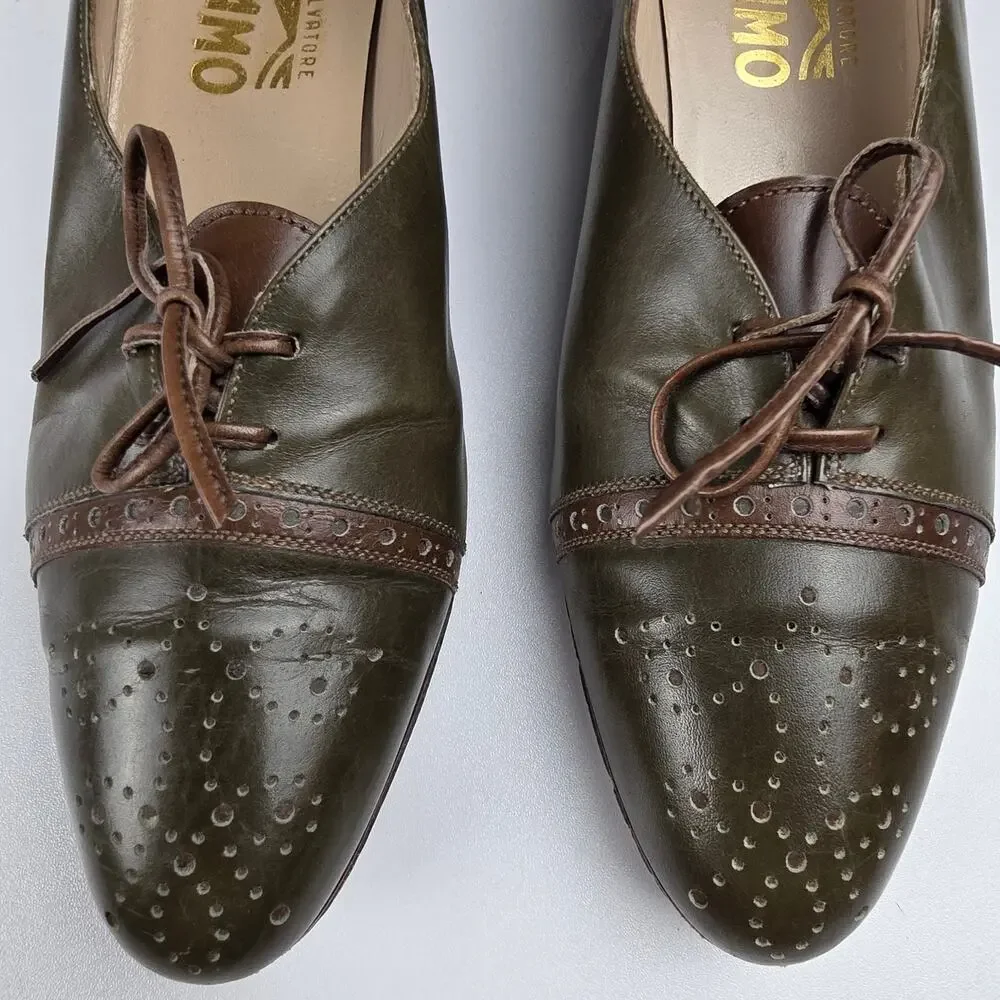 70's Salvatore Ferragamo Olive Green Leather Brogue Wingtip Lace-up Oxfords 7AA